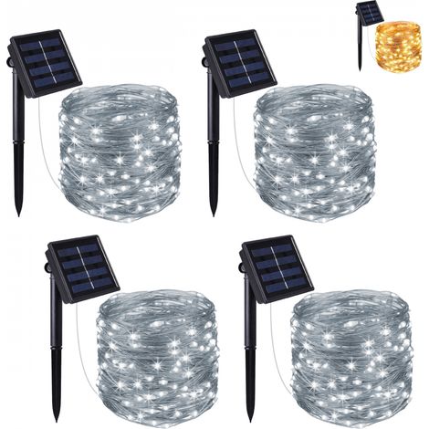 Lot de 4 guirlandes solaires extérieur lumineuses jardin, terrasse - Ampoules LED 8 modes - 7 m - Blanc froid - Linxor (1/5)