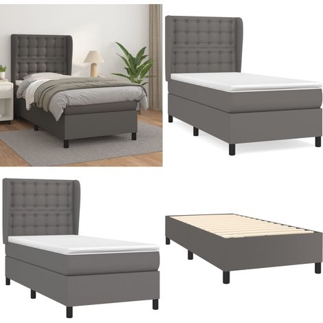 Cama box spring con colchón cuero sintético gris 90x200 cm - Colchón de muelles - Cuero sintético