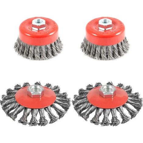 4pcs Brosse Métallique Nettoyage, Brosse Conique pour Meuleuse d'angle, Brosse de Ponçage en acier Torsadé, Diamètre de 75 mm et 100 mm, M14 (1/5)