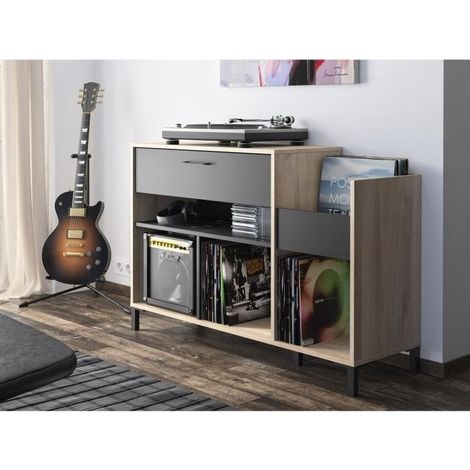 Buffet vinyle urbain effet bois chêne clair/noir – Rangement pour 290 vinyles – Plateau pour platine – Pieds en ABS noir – Gami (1/10)