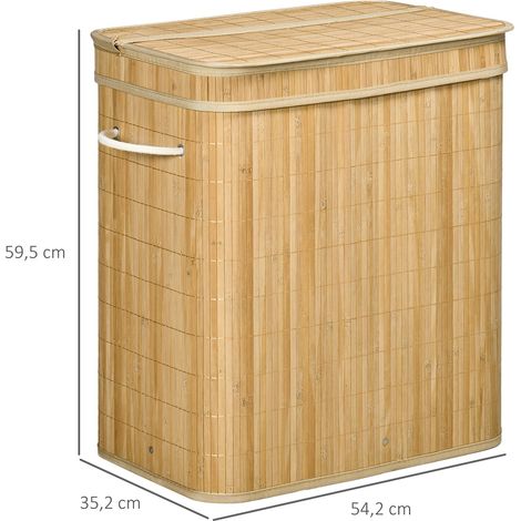 Panier à linge en bambou 90 L avec 2 compartiments, poignées, sac intérieur amovible, 54,2 x 35,2 x 59,5 cm, naturel (1/5)