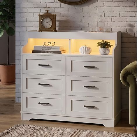 Creahappy Buffet Commode 6 Tiroirs 110x40x99 cm - Rangement Intelligent avec Bande LED et Prises - Design Contemporain Blanc Gain d'Espace (1/5)