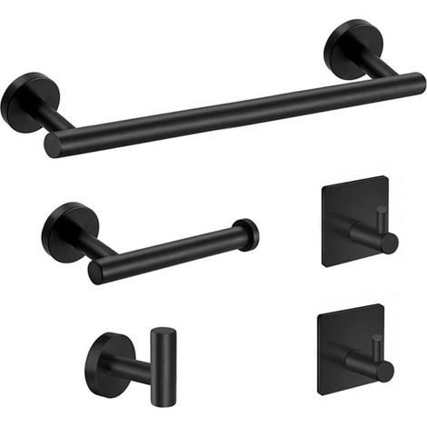 Set of 5 wall-mounted chrome stainless steel towel rails, bathroom accessories, 41cm towel rail, toilet paper holder, towel hook and 2 hooks (black). (1/4)