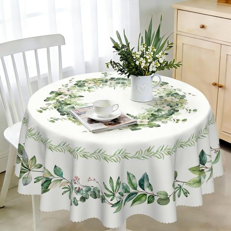 Nappe ronde, 140 cm, lavable, en polyester, motif floral d'eucalyptus, pour extérieur, jardin, cuisine, salle à manger, balcon, pour 4 à 6 personnes, imperméable et durable (1/5)