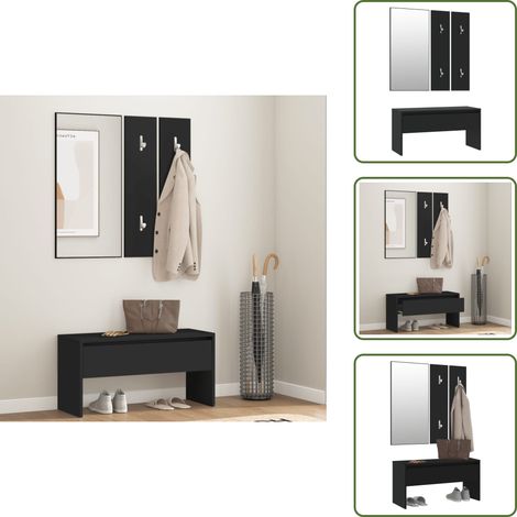 Ensemble de meubles de couloir noir bois d'ingénierie - Banc Entrée - Meuble Couloir - Banc Coffre - Rangement Intérieur - Miroir Mural (1/5)