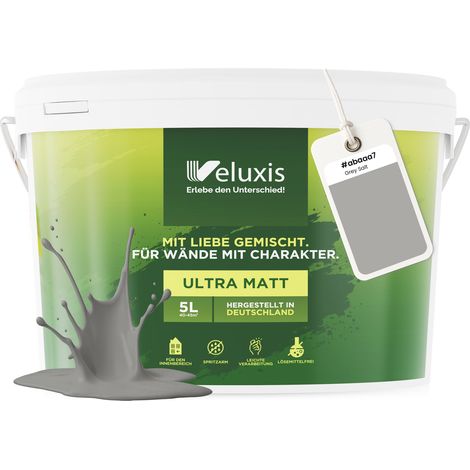 Peinture murale gris anthracite gris clair mate pour intérieur – pouvoir couvrant classe 1, sans COV, sans apprêt, à faible écoulement – salon et chambre – 5 L – Veluxis (Grey Salt)