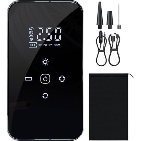 Bomba de aire a batería - Compresor eléctrico recargable con pantalla táctil, accesorio para coche, camión, viaje, moto, garaje, autocaravana, bicicleta de montaña y hogar (1/5)