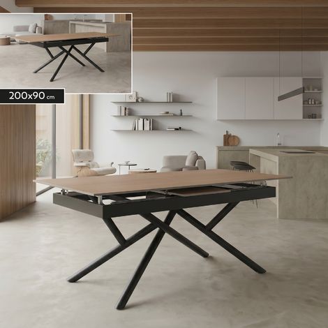 Mesa de comedor extensible 160–200 x 90 cm ALISON, tablero cerámico efecto madera y estructura metálica negra - MOG CASA (1/5)
