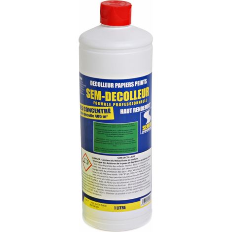 Semin – Décolle papier peint concentré 1L – Rendement 300 m² – Enlève papiers peints courants et spéciaux – Liquide translucide jaune fluorescent (1/5)
