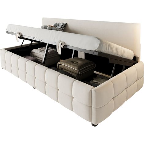 Canapé-lit 1 place 90x200 cm en velours beige, coffre hydraulique, dossier sans accoudoirs, structure stable et motif à carreaux - CHICFURN (1/5)
