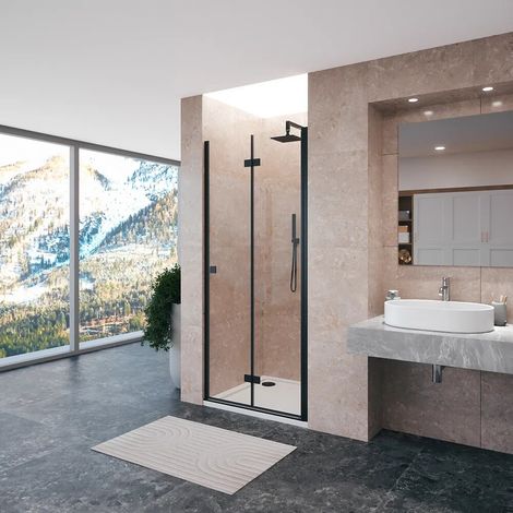 Porte de douche 80 cm à ouverture en livre côté droit avec profilés noir mat et verre transparent 8 mm h195 Fiji (1/3)