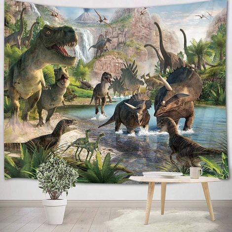 Tapiz de dinosaurio para colgar en la pared, tela de animales antiguos, bosque, montaña, depredador, dormitorio infantil, sala de estar, dormitorio universitario, decoración de pared, fondo de cumplea (1/5)