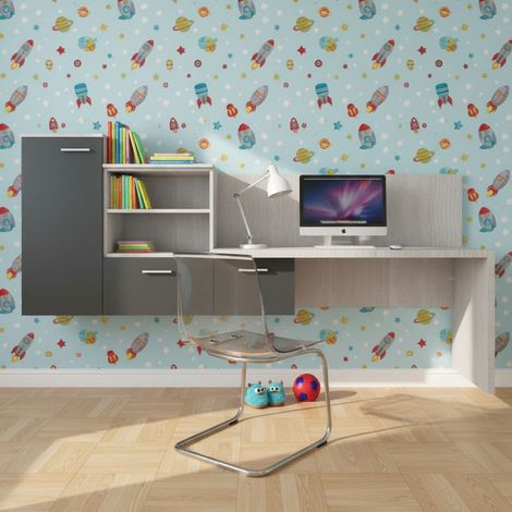 Angolo studio con scrivania parzialmente sospesa e libreria - Design moderno e personalizzabile - Rovere rock