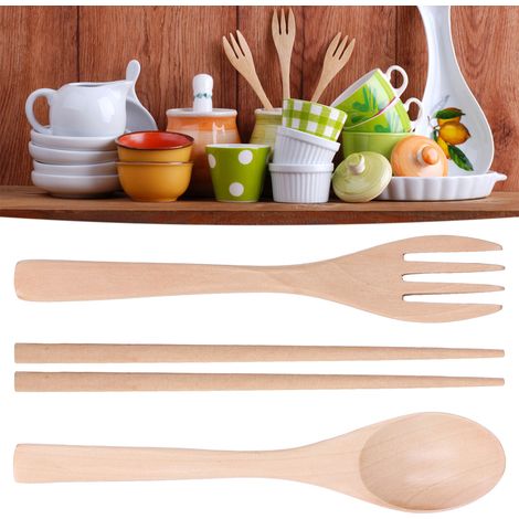 Ensemble de couverts de voyage en bois : cuillère, fourchette, baguettes pour maison, hôtel, pique-nique
