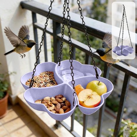 Casetta per mangiatoia per uccelli - Mangiatoia sospesa - Vaschetta e mangiatoia per uccelli - Design a forma di trifoglio viola - Per giardino e balcone (1/5)