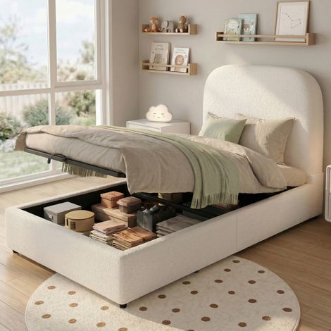 Letto contenitore per bambini 90x200 cm con meccanismo idraulico, rete a doghe, testiera imbottita beige.