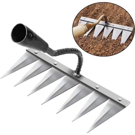 Rateau Jardin, Rateau de Désherbage Outils Jardinage, Rateau Gazon Scarificateur Manuel 7 Dents en Acier, pour Désherbage/Ameublissement du Sol/Semis (sans Bâton) (1/5)