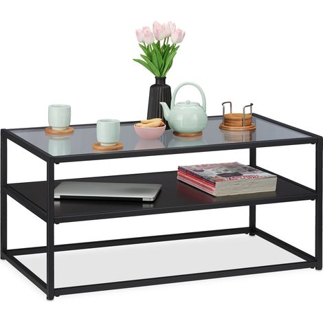 Relaxdays Coffee Table, MDF Shel, Glass & Metal, Modern Design, Chic Living Room Table, HWD 42x90x50 cm, Black (1/5)