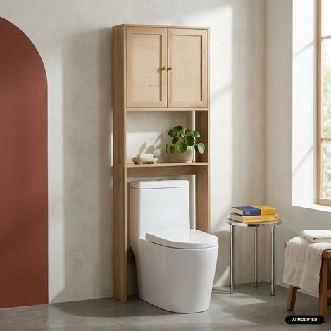 Sweeek – Etagère meuble WC décor bois et cannage Bohème – Dimensions 64 x 20 x 180 cm – Double porte et étagère ajustable – Style naturel