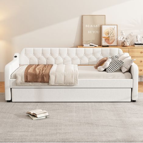 Lit banquette moderne 90x200 cm en lin beige avec lit gigogne, port USB et sommier à lattes (1/5)