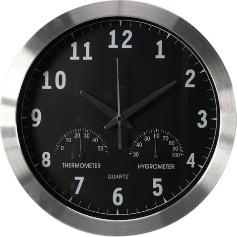 Perel Analoge Wanduhr 35,5 cm mit DCF-Zeitsynchronisation, Thermometer und Hygrometer, gut ablesbares Zifferblatt, silberner Aluminiumrahmen, Wohnzimmer Küche Büro Wartezimmer