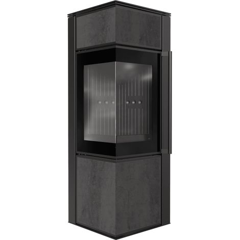 Kaminofen aus Stahl KRATKI TORA/S 8 kW Ø 150 Quarzsinter NATURALI PIETRA DI SAVOIA ANTRANCITE BOCCIARDATA schwarz Verkleidung mit Türfeder (1/5)