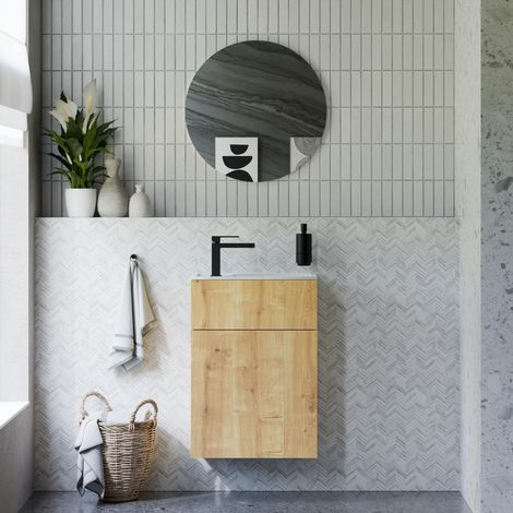 BERNSTEIN - Ensemble meuble vasque Chêne miel 50x26x72cm, Lavabo fonte minérale Blanc mat + Miroir LED dimmable Ø60cm - KONDA (1/5)