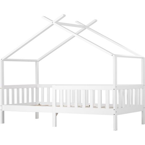 Kinderhausbett 90x200 cm aus weißem Kiefernholz mit Rausfallschutz und Lattenrost (1/5)