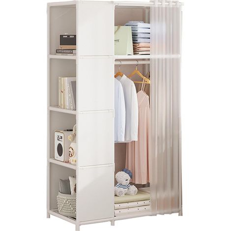 Portable canvas wardrobe with hanging rail and shelves for bedroom, white, 70 x 44 x 162 cm