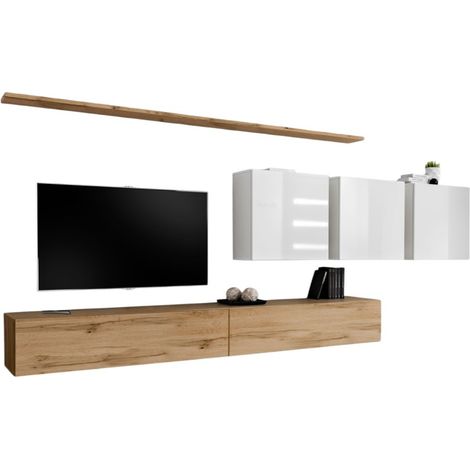 Conjunto de muebles de salón SWITCH VII diseño, color roble Wotan y blanco brillante.
