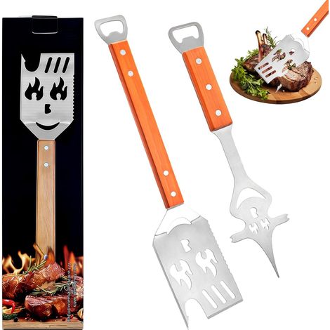 2 Pièces Accessoire Barbecue Outils 7 en 1 Set, 42 × 9cm, Ensemble de Fourche BBQ Spatule Professionnel Acier Inoxydable, Uniques Ustensiles Coudée de Couverts pour Picnics et Outdoor, Argenté (1/5)