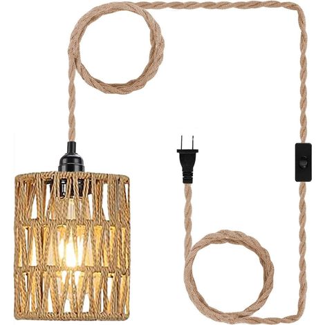 Lampada a sospensione con cavo - Lampada da soffitto con paralume cilindrico in rattan - Interruttore on/off - Con mensola portavaso - Adatta per camera da letto e soggiorno (1/5)