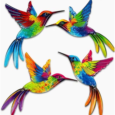 Ensemble de 4 sculptures d'oiseaux en bois colorés à suspendre rapidement, pour une décoration murale festive faite à la main, compatible avec les décorations intérieures de fêtes et les climatiseurs (1/5)