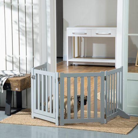 Barrière de Sécurité Chien Pliable Double Face en Bois, 4 Panneaux avec Porte, Pieds de Support, 205 x 60 cm, Gris (1/5)