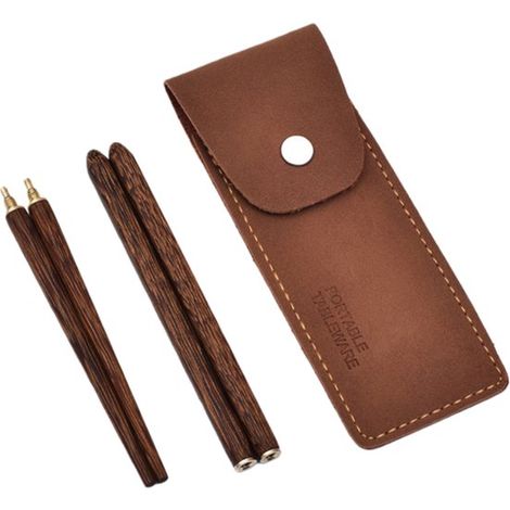 1 set - Baguettes torsadées et pliables + étui en cuir - Fabriquées en bois d'aile de poulet - Couverts portables - Idéaux pour le camping - Longueur des baguettes : 20,8 cm - Marron foncé (1/5)