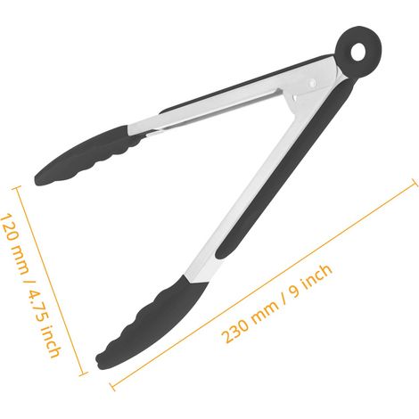 Pince de cuisine en silicone, pince de cuisson, résistante à la chaleur jusqu'à 250 °C, pince alimentaire en acier inoxydable avec embouts en silicone antiadhésifs (23 cm, noire) (1/5)