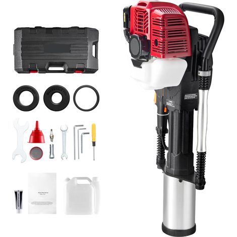 Pilote de piquets à essence 52cc, moteur 2 temps, 1400W, avec 3 têtes de frappe (49/69/100 mm). Idéal pour clôtures de ferme et travaux routiers. (1/5)
