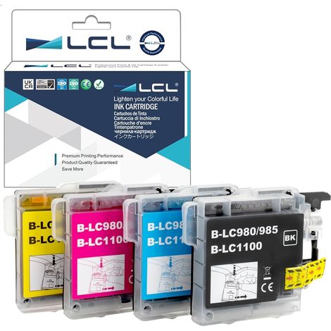 Cartouche d'encre Compatible LC980 LC1100 LC1100BK LC1100C LC1100M LC1100Y (1Noir 1Cyan 1Magenta 1Jaune) Remplacement pour Brother DCP-J140W/145C/165C/185C/195C/197C/365CN/375CW/385C/390CN/395CN (1/5)