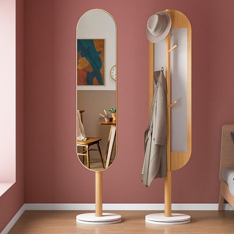 Freosen – Miroir sur pied 174x40cm en bois de bambou – 360° rotatif – Porte manteau 4 crochets – Finition peinture à l'eau