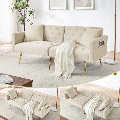 Canapé deux places moderne en velours, dossier réglable en 3 positions, 2 coussins inclus, pieds en métal robustes, doux et confortable pour salon, appartement en location, petit appartement, beige (1/5)