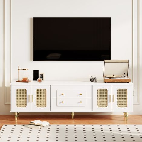 TV-Lowboard 175x38x55.5 cm Weiß aus Holzwerkstoff mit PVC-Rattantüren, Schubladen und goldfarbenen Metallfüßen (1/5)