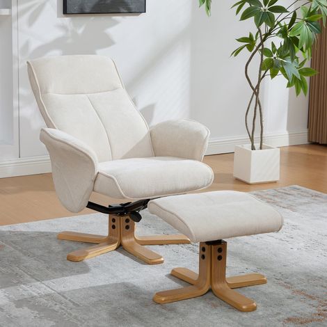 Fauteuil relaxant scandinave multifonctionnel pivotant avec repose-pieds – Tissu chenille – Socle en bois massif avec support métal – Couleur beige – Pour salon, chambre ou espace détente