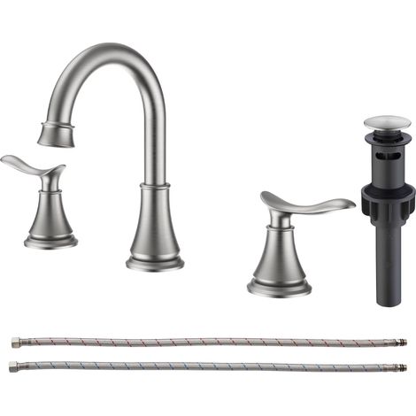 Robinet de lavabo Kichae à 2 poignées, bec pivotant à 360°, finition nickel brossé, bonde escamotable et flexible d'alimentation en eau certifié cUPC. (1/5)