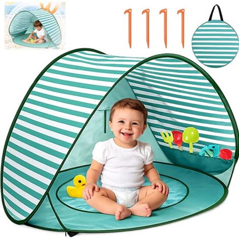 Tente de plage pour bébé 120 x 80 cm, pop-up avec piscine, protection UV UPF 50+, autodépliable, pour plage et jardin, avec sac de transport, vert (1/5)