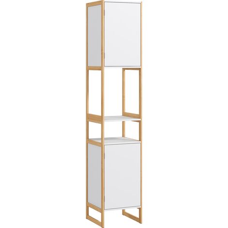 Badezimmerschrank mit zwei Nischen und zwei Schränken, verstellbarem Einlegeboden, Bambus und MDF, 33 x 33 x 170 cm (B x T x H), weiß
