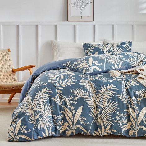 Ensemble de literie King-Size avec motif de feuilles botaniques, bleu marine, microfibre