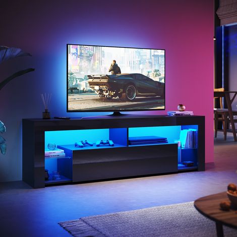 SONNI TV Schrank mit LED-Lichtern, Offenes Glasregal und Griffloses Design herunterklappbarem Türfach, Stand TV Board Hochglanz, Schwarz, 1600 x 350 x 505 mm (1/5)