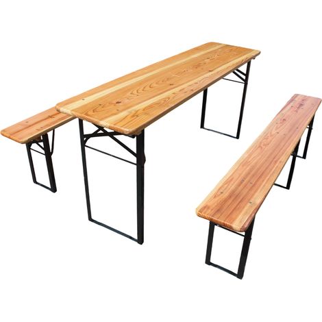 Set birreria pieghevole 177 cm, 3 pezzi: tavolo + 2 panche, legno naturale (1/4)