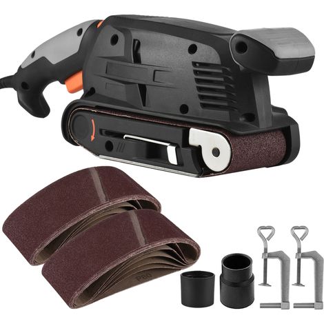 Ponceuse à bande électrique 600 W pour bois, à vitesse variable, avec 12 bandes abrasives, un bac de récupération, 2 adaptateurs pour aspirateur et une pince à vis réglable. (1/5)