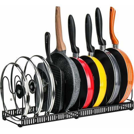 Estante para ollas de acero inoxidable para almacenamiento en la cocina con 12 compartimentos ajustables, ideal para utensilios de cocina, sartenes, ollas y tapas (Negro) (1/5)